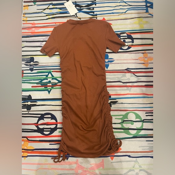 ZARA RUCHED RIBBED DRESS BROWN - Picture 2 of 6